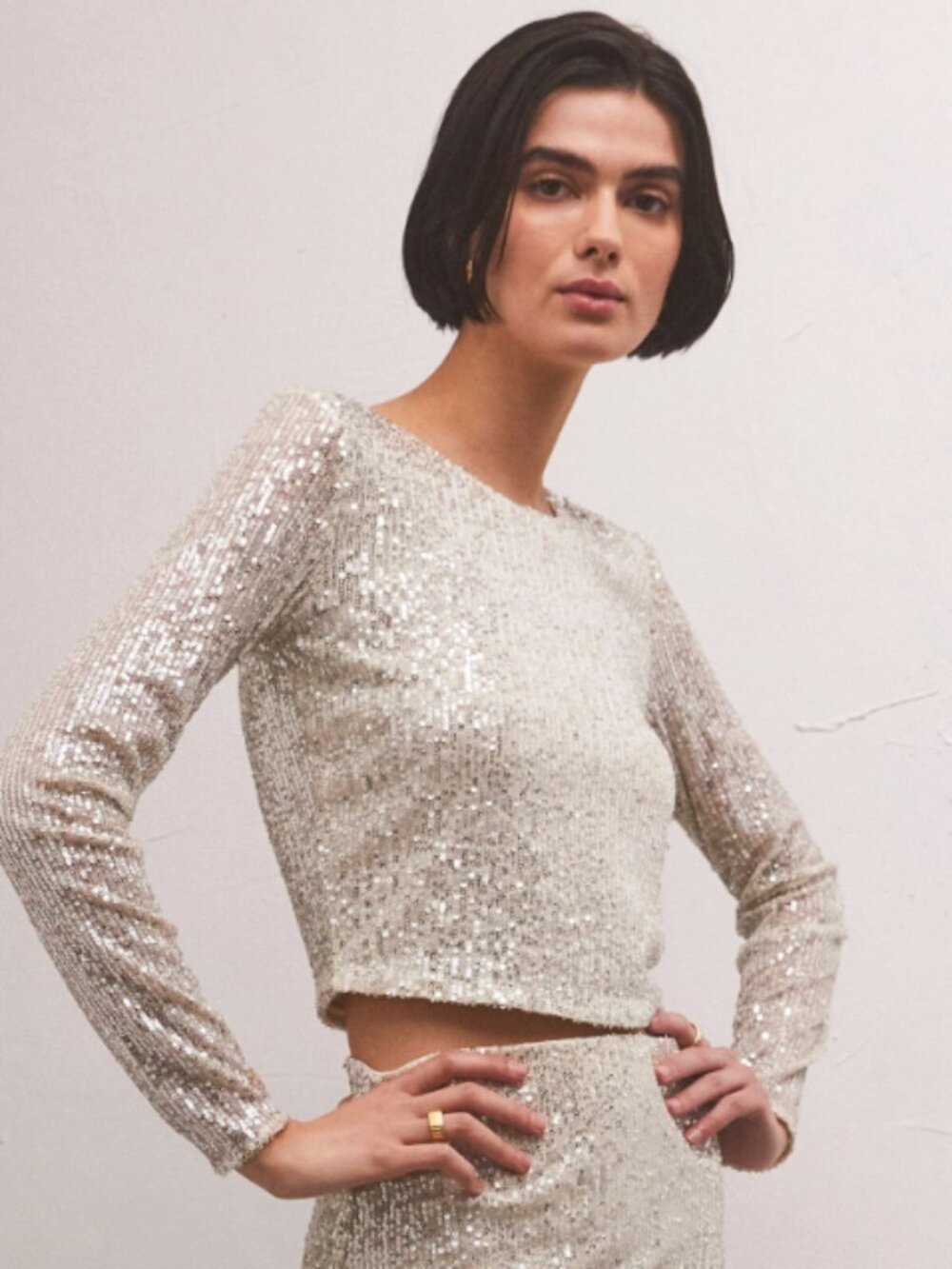 Z Supply Aurora Sequin Top XS Silver Long Sleeve Party Holiday Glam Crop Top